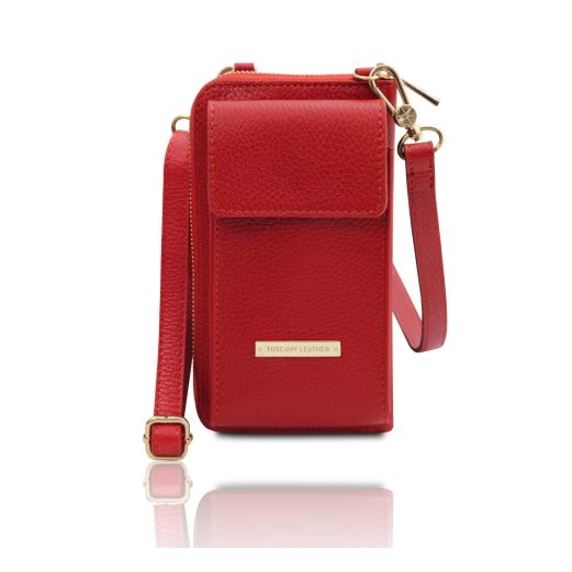 イタリア製シボ型押しレザーのスマホが入るお財布ショルダーバッグTL BAG、ルージュ