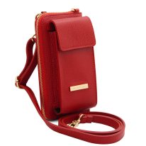 イタリア製シボ型押しレザーのスマホが入るお財布ショルダーバッグTL BAG、ルージュ、詳細1