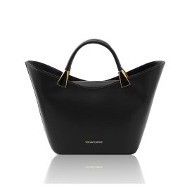 イタリア製スムースボックスレザー2WAYハンドバッグ TL BAG、ブラック