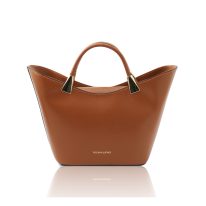イタリア製スムースボックスレザー2WAYハンドバッグ TL BAG、コニャック