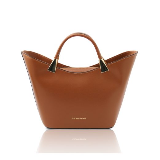 イタリア製スムースボックスレザー2WAYハンドバッグ TL BAG、コニャック