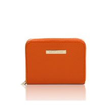 イタリア製シボ型押しレザーのラウンドタイプのミニ財布 KORE、オレンジ
