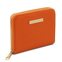 イタリア製シボ型押しレザーのラウンドタイプのミニ財布 KORE、オレンジ、詳細1