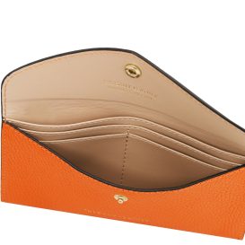 イタリア製シボ型押しレザーの封筒型長財布（ファスナーレス）、オレンジ、詳細3