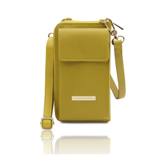イタリア製シボ型押しレザーのスマホが入るお財布ショルダーバッグTL BAG、グリーン