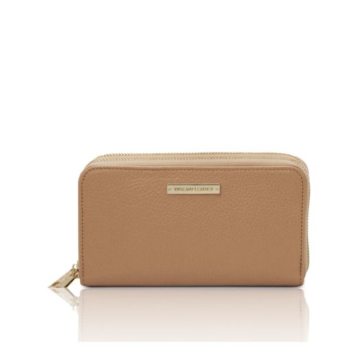 イタリア製ダブルファスナーのシボ型押しレザーラウンド長財布 MIRA、シャンパーニュ