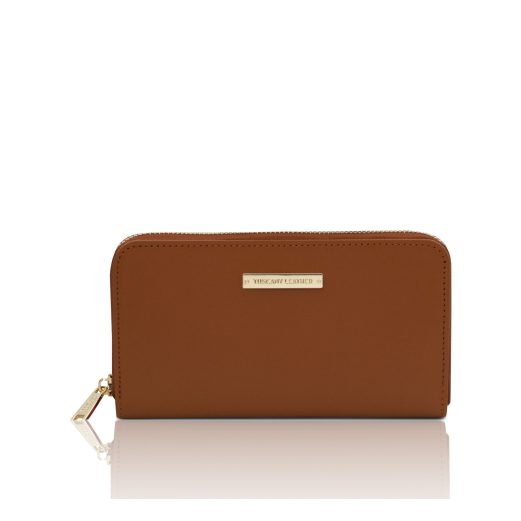 イタリア製スムースボックスレザーのレディース長財布 ILIZIA、コニャック