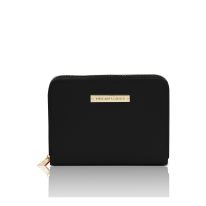 イタリア製スムースボックスレザーのラウンドタイプのミニ財布 LEDA、ブラック