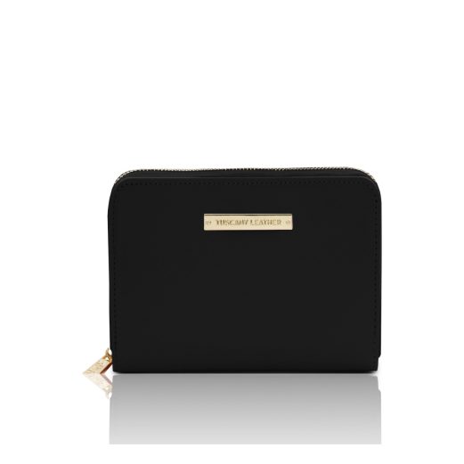 イタリア製スムースボックスレザーのラウンドタイプのミニ財布 LEDA、ブラック