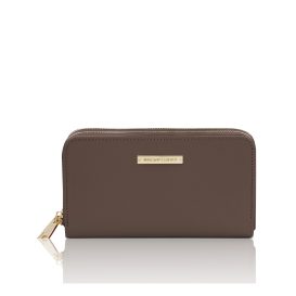 イタリア製ダブルファスナーのスムースボックスレザーレザーラウンド長財布 GAIA、ダークトープ