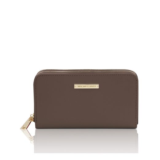 イタリア製ダブルファスナーのスムースボックスレザーレザーラウンド長財布 GAIA、ダークトープ