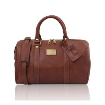 イタリア製ベジタブルタンニンレザーのボストンバッグ裏ポケットつきTL VOYAGER（Sサイズ）、ブラウン