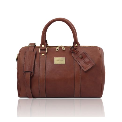 イタリア製ベジタブルタンニンレザーのボストンバッグ裏ポケットつきTL VOYAGER（Sサイズ）、ブラウン