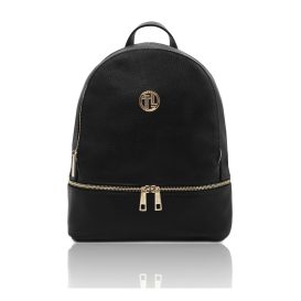 イタリア製シボ型押しレザーのフロントポケットリュック TL BAG、ブラック