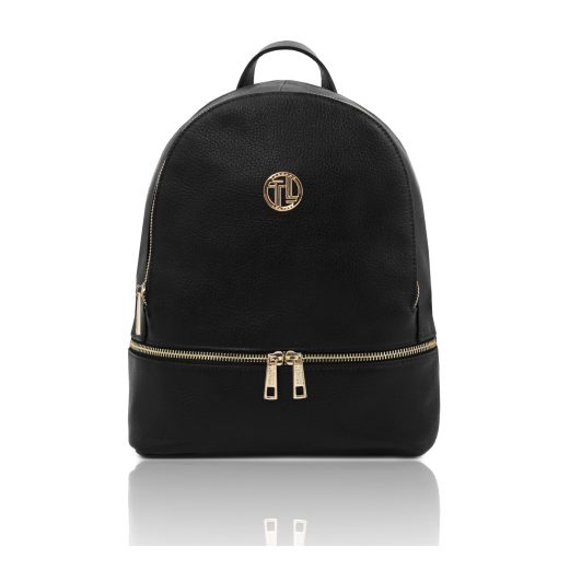 イタリア製シボ型押しレザーのフロントポケットリュック TL BAG、ブラック