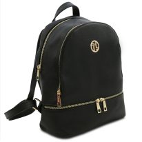 イタリア製シボ型押しレザーのフロントポケットリュック TL BAG、ブラック
