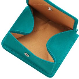 イタリア製フルグレインレザーのコインケースつきふたつ折り財布、ターコイズ