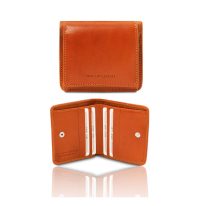 イタリア製フルグレインレザーのコインケースつきふたつ折り財布、オレンジ