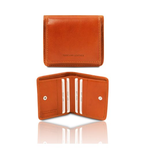 イタリア製フルグレインレザーのコインケースつきふたつ折り財布、オレンジ