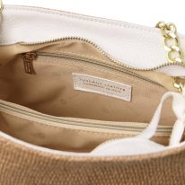 イタリア製ストロー風＆シボ型押しレザー2WAY巾着かごバッグ TL BAG、ベージュ