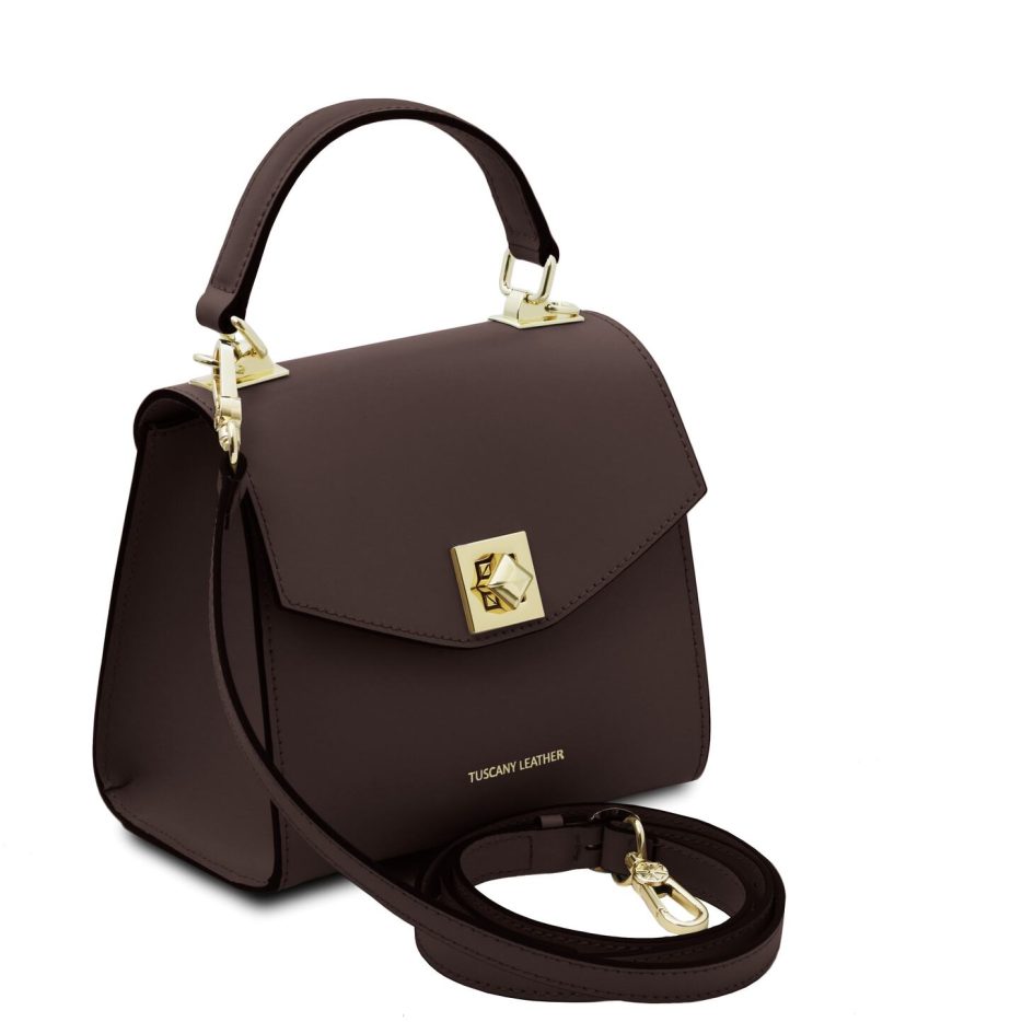 イタリア製スムースボックスレザー2WAYミニハンドバッグ TL BAG、コーヒー