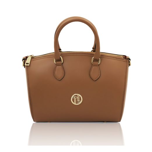 イタリア製Layla スムースレザー2WAYミニボストンバッグ、コニャック