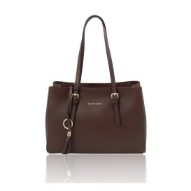 イタリア製スムースレザータッセルつきトートバッグTL BAG、コーヒー