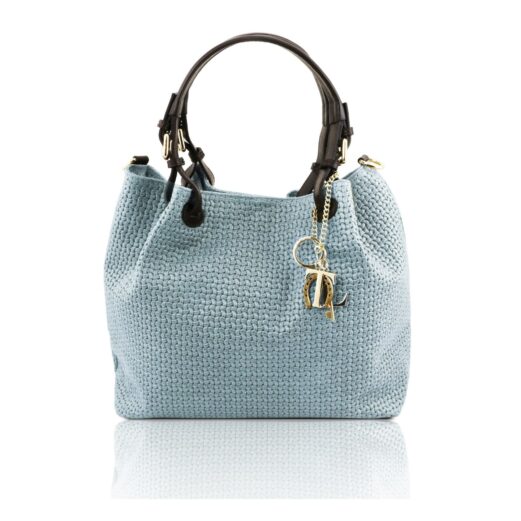 イタリア製イントレチャート編み込み風スウェードの2WAYトートバッグ TL KeyLuck、ライトブルー