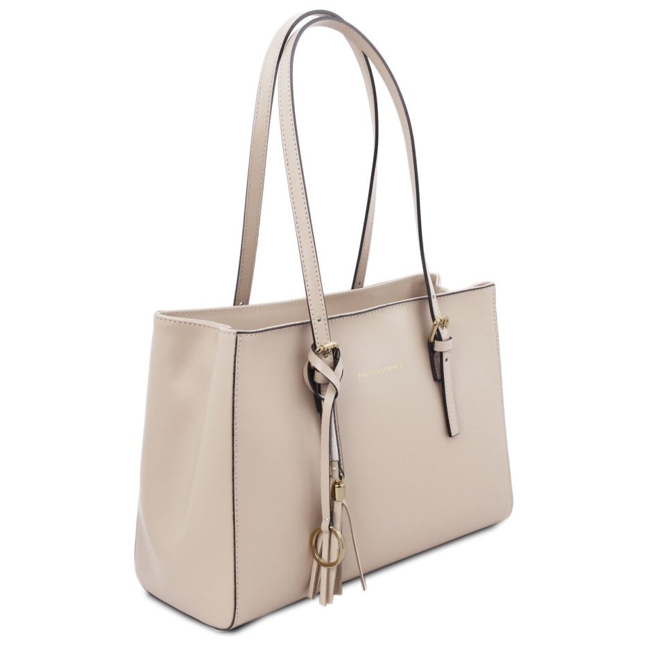 イタリア製スムースボックスレザータッセルつきトートバッグTL BAG、ベージュ