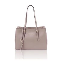 イタリア製スムースボックスレザータッセルつきトートバッグTL BAG、ライトトープ