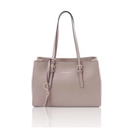 イタリア製スムースボックスレザータッセルつきトートバッグTL BAG、ライトトープ