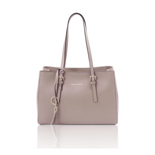 イタリア製スムースボックスレザータッセルつきトートバッグTL BAG、ライトトープ