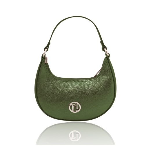PIXIE イタリア製 2WAYメタリックレザー三日月バッグ、フォレストグリーン