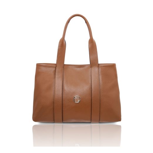 イタリア製CALLIE シボ型押しやわらかいレザーA4入る2WAYトートバッグ、コニャック