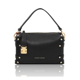 イタリア製PRALINE シボ型押しレザー2WAYハンドバッグ、ブラック