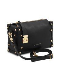 イタリア製PRALINE シボ型押しレザー2WAYハンドバッグ、ブラック