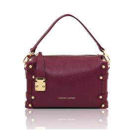 イタリア製PRALINE シボ型押しレザー2WAYハンドバッグ、ボルドー