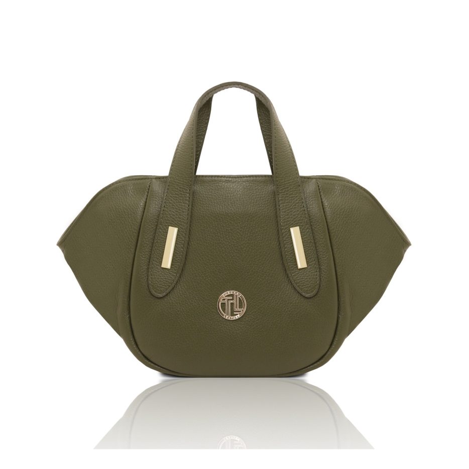 イタリア製DANA シボ型押しレザー2WAYハンドバッグ、フォレストグリーン