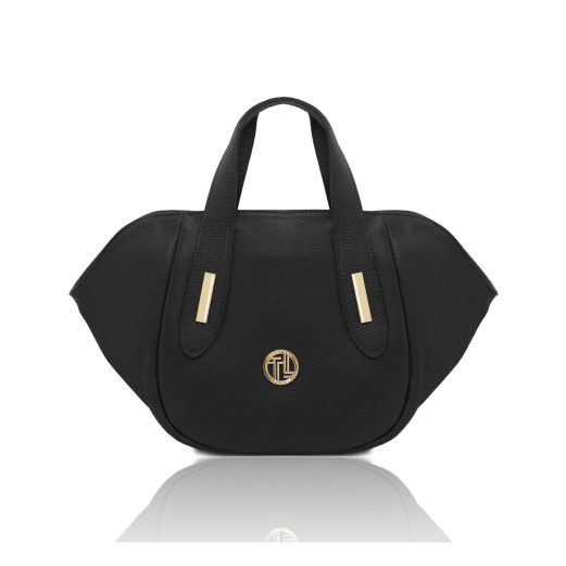 イタリア製DANA シボ型押しレザー2WAYハンドバッグ、ブラック