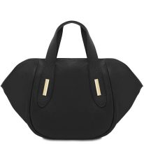 イタリア製DANA シボ型押しレザー2WAYハンドバッグ、ブラック