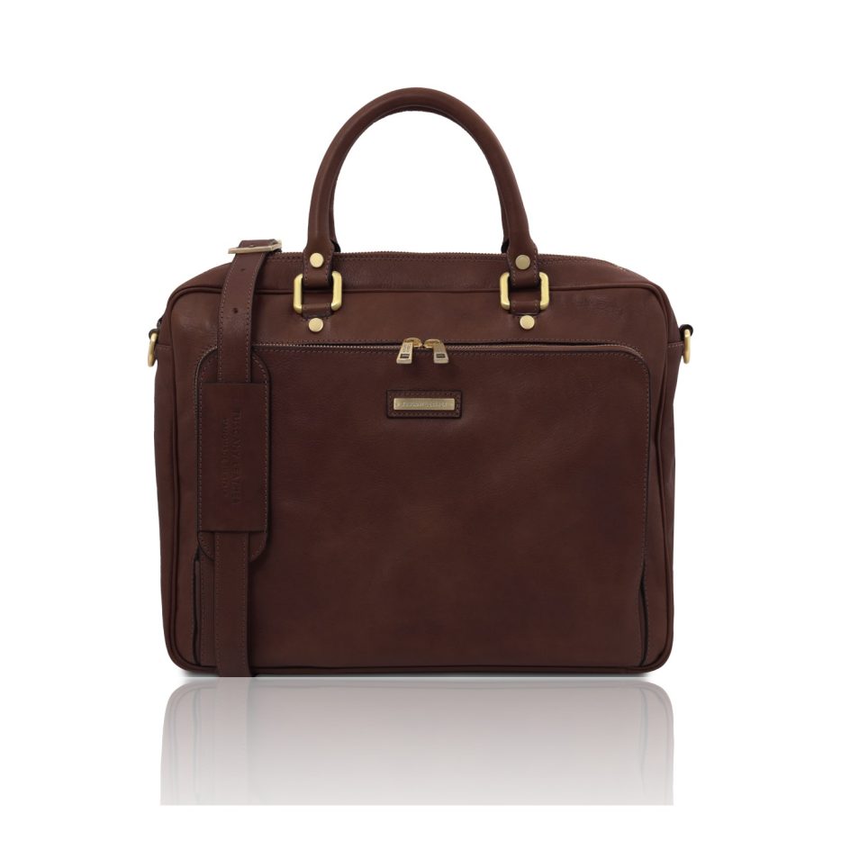 イタリア製ツヤ無しベジタブルタンニンレザーPC搬送バッグ PISA、ダークブラウン