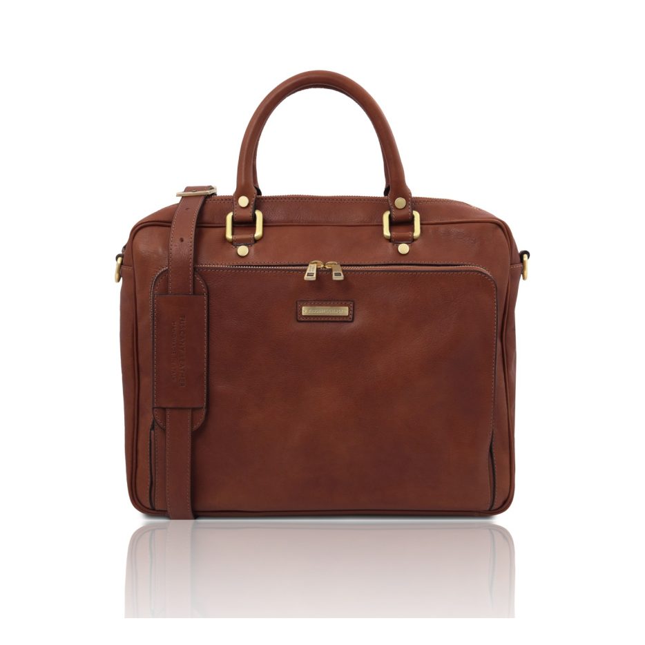 イタリア製ツヤ無しベジタブルタンニンレザーPC搬送バッグ PISA、ブラウン