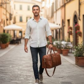 イタリア製ベジタブルタンニンレザーのボストンバッグ LISBONA(Mサイズ)、使用イメージ イタリア製ベジタブルタンニンレザーのボストンバッグ LISBONA(Mサイズ)、使用イメージ