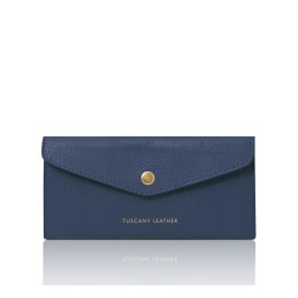 イタリア製シボ型押しレザーの封筒型長財布（ファスナーレス）、ダークブルー