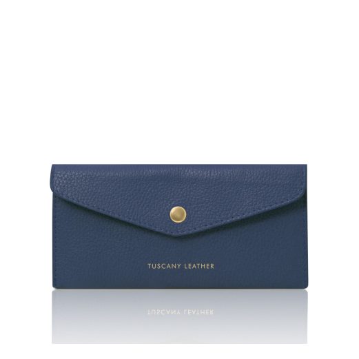 イタリア製シボ型押しレザーの封筒型長財布（ファスナーレス）、ダークブルー