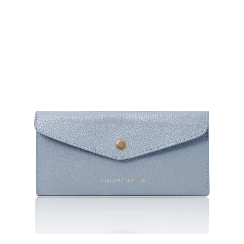 イタリア製シボ型押しレザーの封筒型長財布(ファスナーレス)、ライトブルー