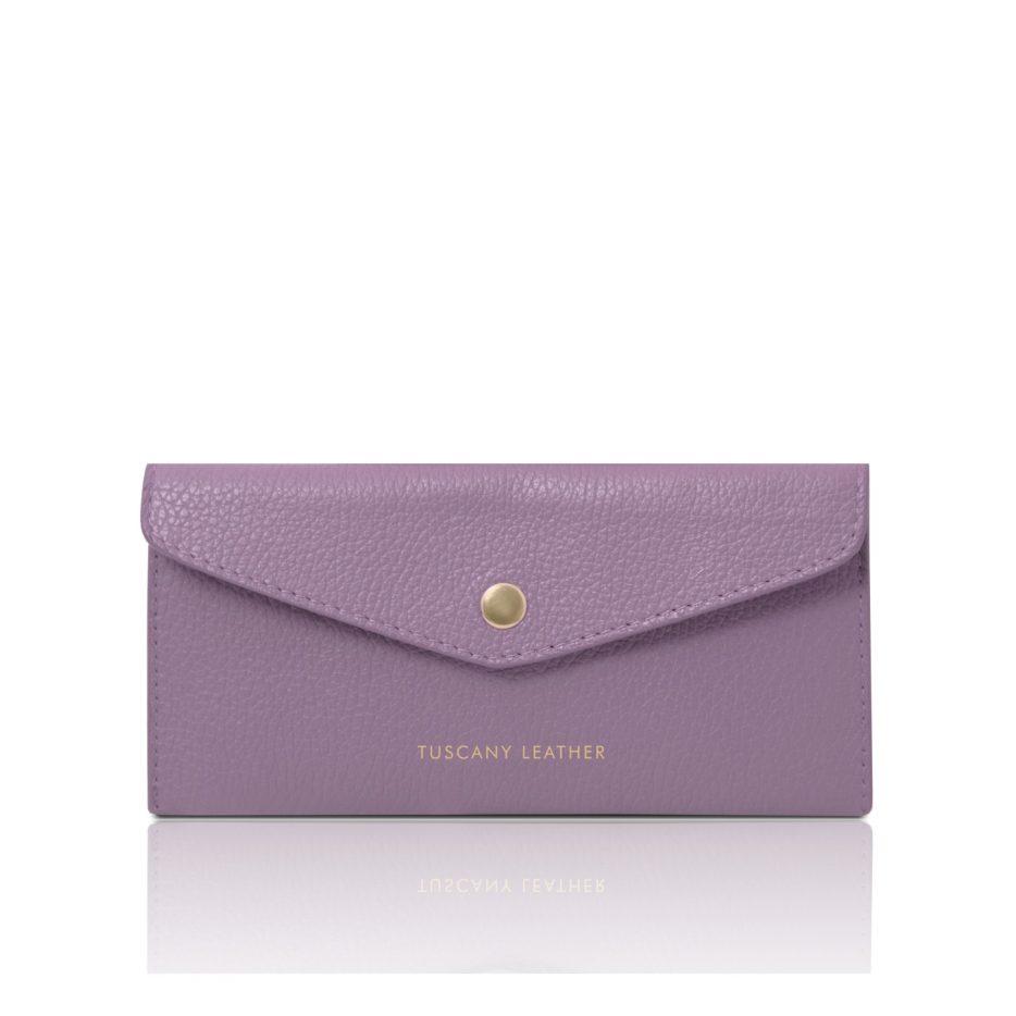 イタリア製シボ型押しレザーの封筒型長財布(ファスナーレス)、ライラック