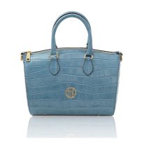 イタリア製LAYLA クロコ型押しレザー2WAYミニボストンバッグ、ライトブルー