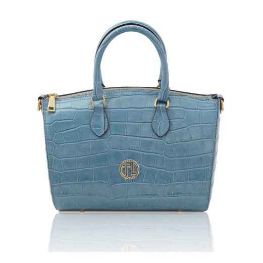 イタリア製LAYLA クロコ型押しレザー2WAYミニボストンバッグ、ライトブルー