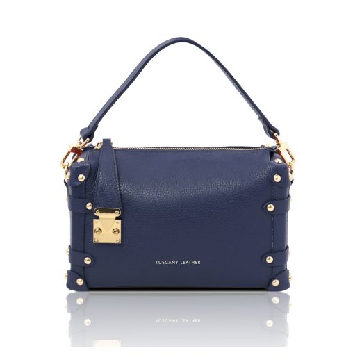 イタリア製PRALINE シボ型押しレザー2WAYハンドバッグ、ダークブルー